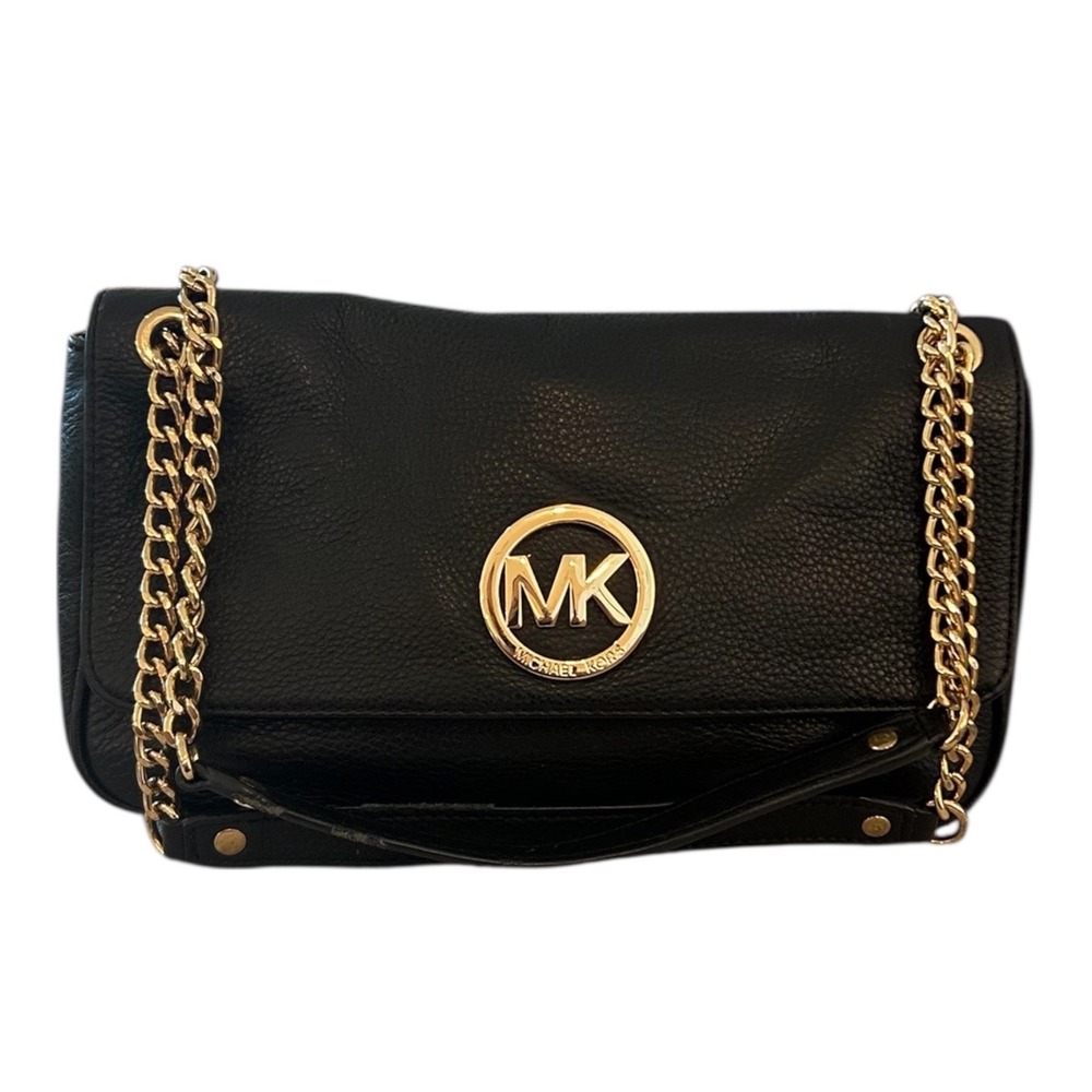 Michael Kors Black Leather Chain Shoulder Bag Gold MK Logo